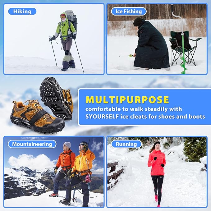 SYOURSELF Crampons Ice Cleats for Shoes and Boots Women Men Kids, 28 Shoe Spikes Non Slip Snow Traction Cleats for Snow and Ice Grippers for Shoes and Boots Hiking Walking Fishing Climbing