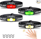 Headlamp Rechargeable 4 Pack, 1300 Lumen Ultra-Bright Head Lamp with Red Light, Waterproof Motion Sensor Head Lights for Forehead with White Green, 14 Modes Adjustable Headlight for Camping