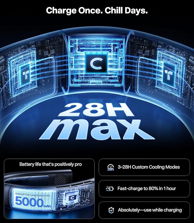 TORRAS 2025 COOLiFY 2S Neck Fan, 3 Model, 3-28H Extended Battery Life, Neck Fans that Blow Cold Air, Neck Air Conditioner, Cooling Neck Fan for Work,Hiking,Travel. Gifts for Dad Husband Father, Black