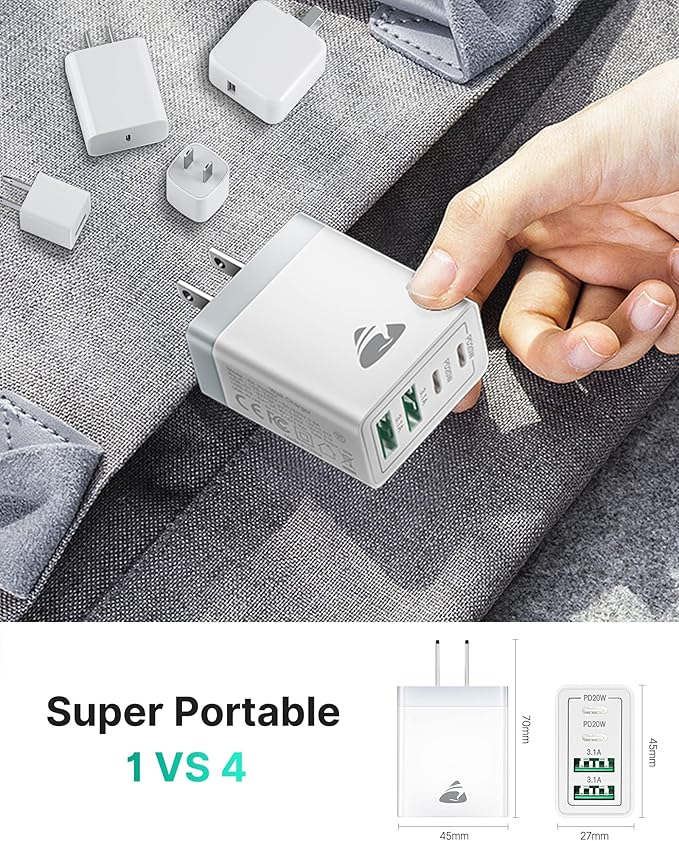 [2-Pack] USB C Wall Charger, Aiminu 40W Fast USB C Charger, 4-Port QC+PD 3.0 Power Adapter Double Fast Wall Plug Type C Charging Block for iPhone 15/14 Pro Max/13/12 mini/11/XS/XR,Tablet, Cube