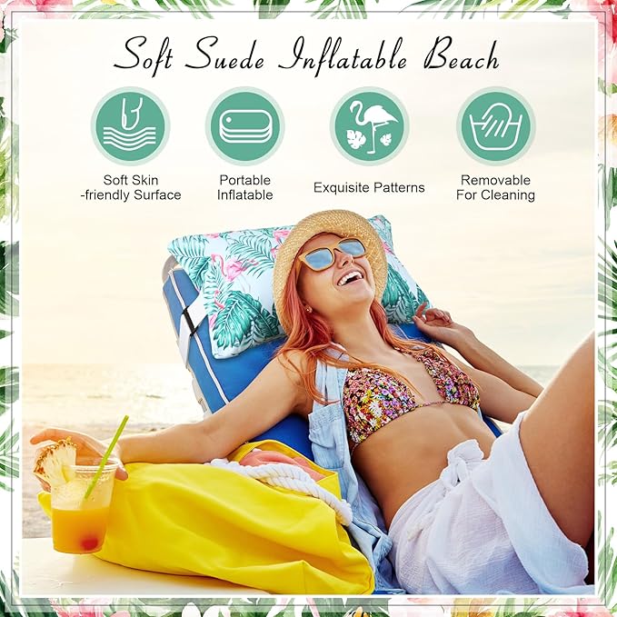 Inflatable Beach Pillow with Removable Cover Outdoor Pool Pillow Beach Chair Pillows for Sand Inflatable Camping Pillow for Travel Vacations, Tropical Flamingo