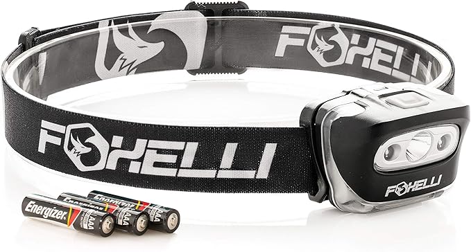 Foxelli LED Headlamp Flashlight for Adults & Kids, Running, Camping, Hiking Head Lamp with White & Red Light, Comfortable Headband, Lightweight & Waterproof, 3 AAA Batteries