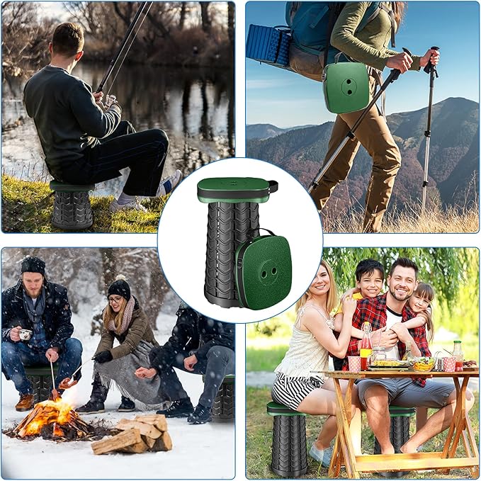 Folding Camping Stool, Square Collapsible Portable Stool with Elastic Seat Cushion& Adjustable Nylon Bag, Sturdy Lightweight Telescoping Foldable,Max Load 485lb (Green)