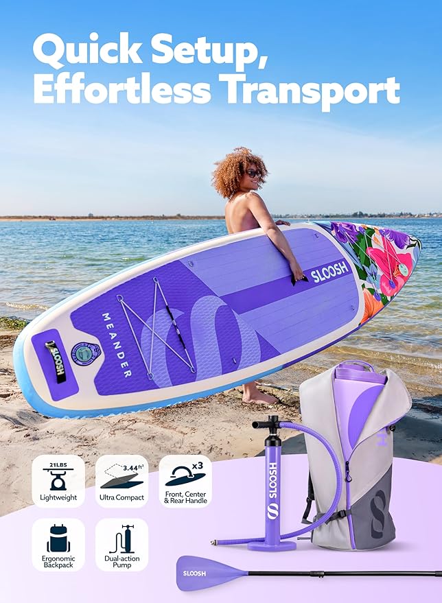 SLOOSH Inflatable Stand Up Paddle Board, 10'6" Inflatable Paddle Boards with Premium Accessories, Non-Slip EVA Deck, Ultra-Light Carry Bag Pump, Meander SUP for Youth & Adults