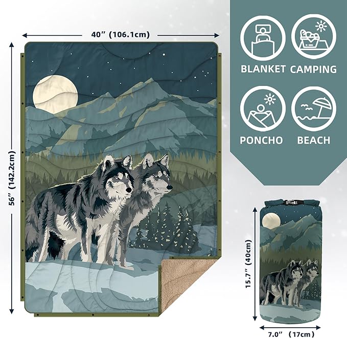 Outdoor Camping Blanket with Sherpa Lining, Extra Warm Thick Camp Blankets and Puffy Ultralight Soft Poncho DWR Camping Quilt for Cold Weather, Adventure, Sleeping, Backpacking 56"x 40"