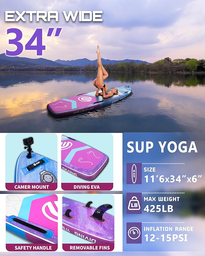 ESUP 11’6 ×34" Wide Inflatable Paddle Board with Premium SUP Paddleboard Accessories, Extra Stable Stand Up Paddle Boards for Adults/425lb/Family/Yoga/Beginner, with Shoulder Strap,Dual-Action Pump