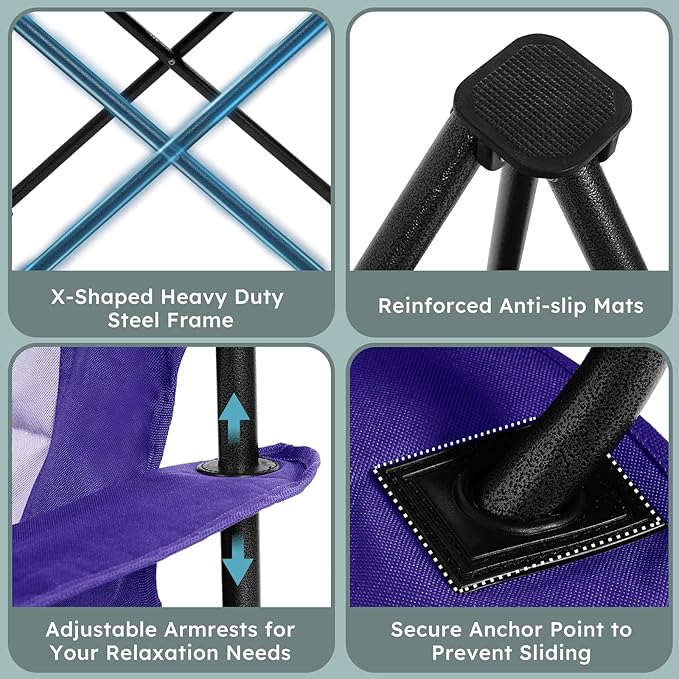Colegence Heavy Duty Camping Chair for Adults Set of 2, Oversized Heavy People Foldable Outside Camp Chairs, with Cooler Bag Cup Holder, Side Pocket for Lawn,Sport,Outdoor,Deep Purple