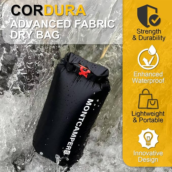 Waterproof Dry Bag with Survival Whistle-Enhanced Tear-resistant CORDURA Fabric-Lightweight Storage Sack for High-Intensity Adventures-Float on Water-Keep Luggage Dry&Organized(10L/Black)
