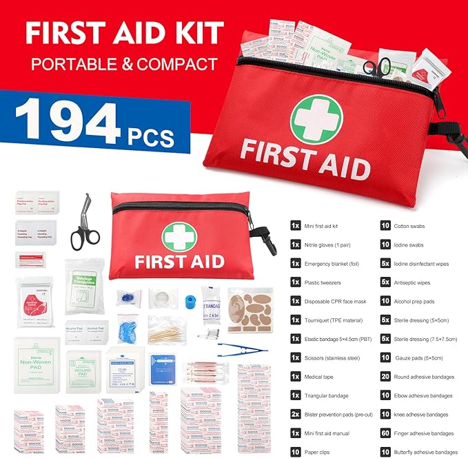 Mini First Aid Kit for Minor Cuts, Scrapes, Sprains, Burns, 194Pcs Portable Compact First Aid Kit for Home, Car, Travel, Camping and Outdoor Emergencies, Small Size Trauma Kits