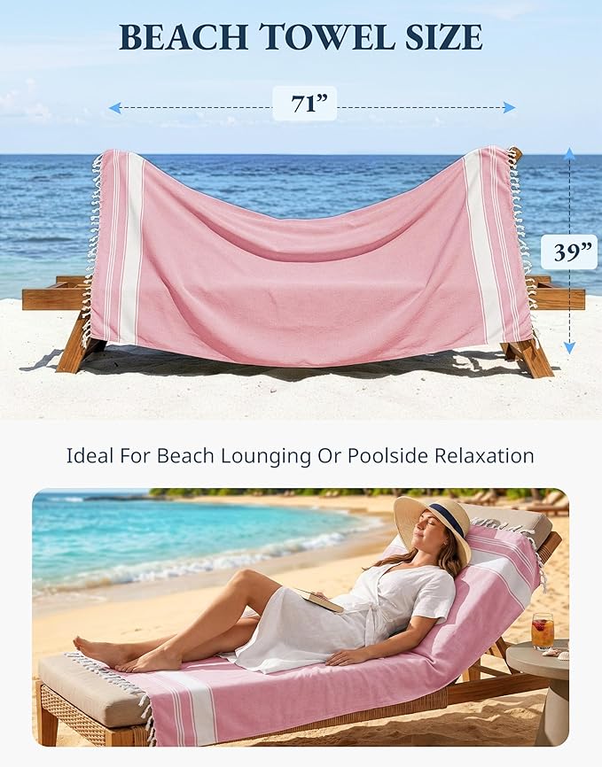 LANE LINEN Turkish Beach Towel Set of 4 - Beach Towels, Pre-Washed Pool Towel, Extra Large Beach Towel, Quick Dry & Sand Free, Absorbent Travel Towel, 39"x71" - Candy Pink
