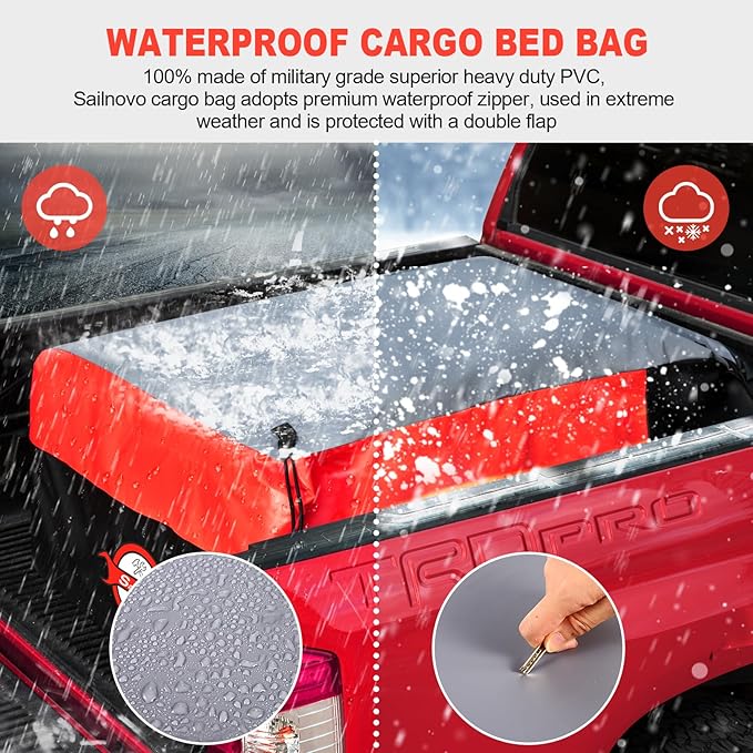Sailnovo Truck Bed Cargo Bag, 26 Cubic ft 100% Waterproof Cargo Bag for Truck Bed, Heavy Duty PVC Truck Cargo Bag Fits Any Truck Size with 6 Stretch Cord, Packing Bag (50''x40''x22'') Red