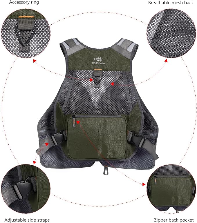 BASSDASH Strap Fishing Vest Adjustable for Men and Women, for Fly Bass Fishing and Outdoor Activities