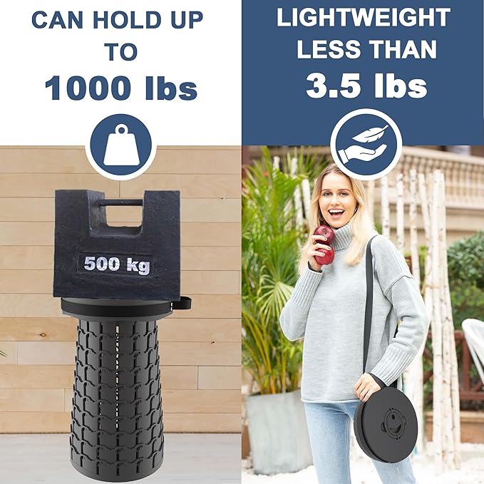 ALEVMOOM XXL Telescoping Stool with Cushion,Taller 19.7"Wider 11.8" Collapsible Chair More Sturdy Capacity 1000Ib,Portable Camping Adjustable Stool for Garden Fishing Hiking Mountain BBQ (Large Black)