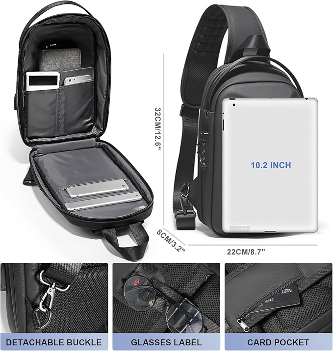 FENRUIEN Anti-Theft Crossbody Sling Backpack Bag for Men Hard Shell with USB, Shoulder Pack Lock Waterproof 10.2 inch Single Strap for Travel Hiking