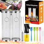 Rolling Grill Baskets (2PCS), Stainless Steel Grill Basket, Dishwasher Safe BBQ Grill Accessories Portable Grill Baskets for Outdoor Grill for Fish, Shrimp, Meat, Vegetables, Fries Outdoor Cooking Camping