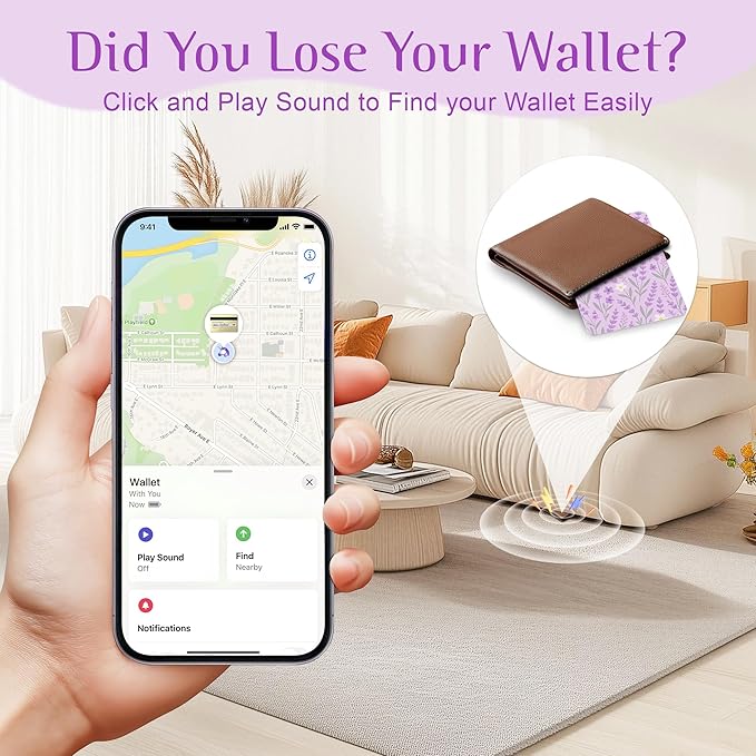 Wallet Tracker Card (iOS Only), Rechargeable Bluetooth Smart Tracking for Apple Find My Compatible Anti Tracker for Men Women Slim Item Locator for Purse Passport Key Luggage Tag (1Pcs/Purple FLR)
