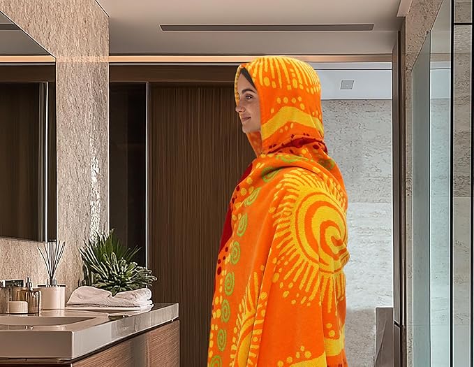 COTTON CRAFT Hooded Beach Towel – Oversized 39 x 68 Towel with Hood for Adults - 100% Cotton Velour Terry Jacquard Towel - Pool Bath Wrap - 450 GSM Soft Absorbent Quick Dry – Sunshine Orange Yellow
