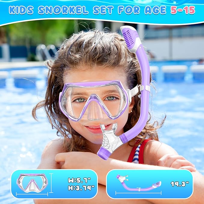 Snorkeling Gear for Kids, Kids Snorkel Set for Ages 6-14, Dry Top Snorkel, Mask Set Kid Swimming Goggles Diving Mask Combo Set Anti-Fog Panoramic View Scuba Packages