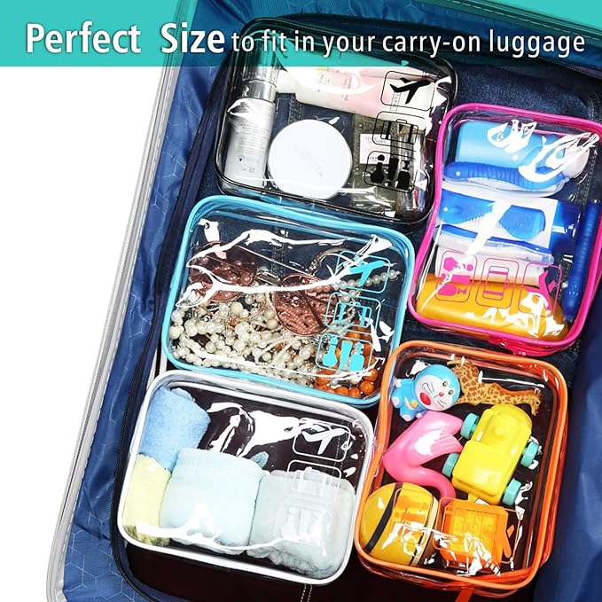 F-color TSA Approved Toiletry Bag 5 Pack Medium - Clear Makeup Bag Travel Quart Size for Women Men, Clear Cosmetic Bag Airport Airline Compliant Carry on Bag, 7.5×5.5×2.2", 5 Colors