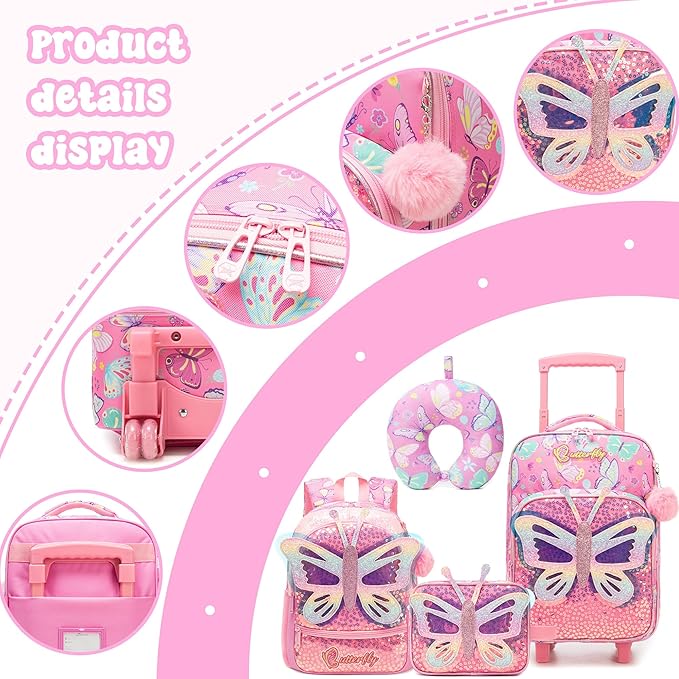 Kids Carry On Luggage with Wheels Softside Kids Suitcase for Girls Airline Approved & Girls Multi-function Carry Bag 4pcs Set