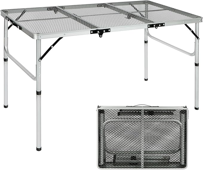 REDCAMP 48x24 Long Folding Grill Table for Outside, Lightweight Portable Metal Aluminum Outdoor Grill Table with Adjustable Height Legs, Great for Camping Picnic Cooking BBQ, Silver 4ft