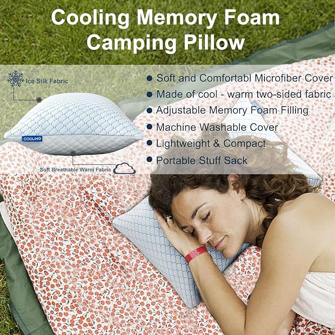 Gehannah Travel Pillow - Large 2 Pack Compressible Camping Pillow for Sleeping - Shredded Memory Foam with 2 Storage Bags - Supportive for Adults, Kids, Outdoor, Backpacking, Hiking Gear