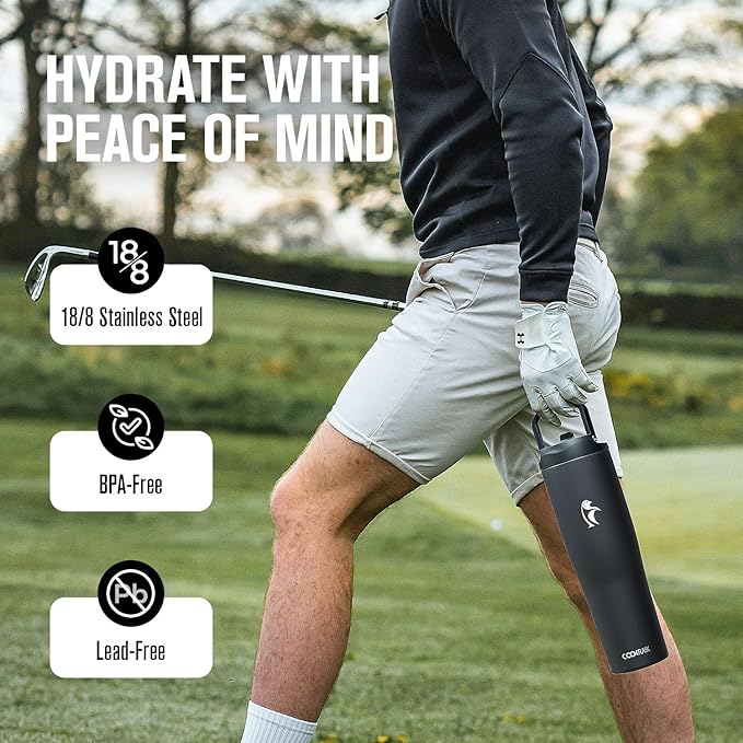 Coolflask Water Bottle 40 oz Fits Car Cup Holder, Slim Tumbler Stainless Steel with Straw & Handle, Vacuum Flask Leakproof Wide Mouth for Travel Sports Gym, Black