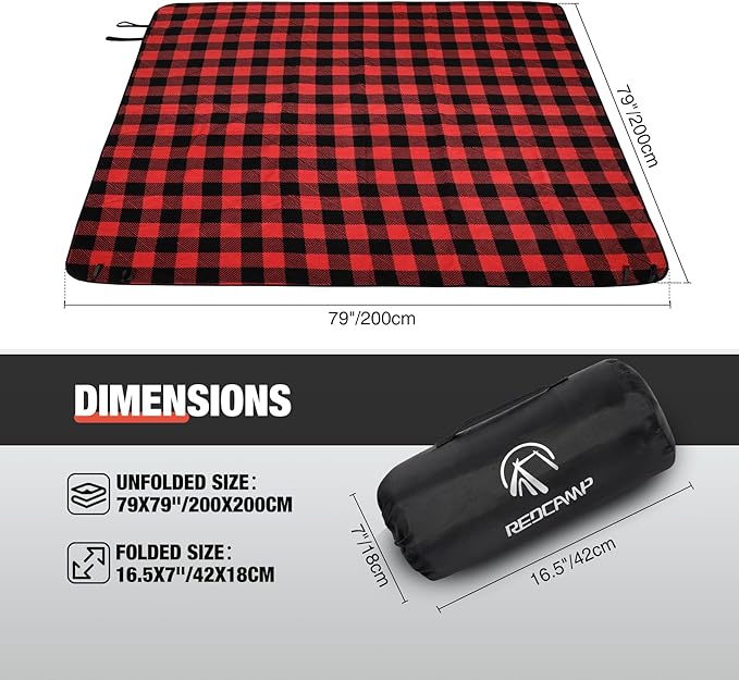 REDCAMP Extra Large Waterproof Stadium Blanket for Cold Weather, Soft Warm Fleece Camping Blanket Windproof for Camping, Hiking, Traveling, Picnic Sports, 79"x 79" Red and Black Grid