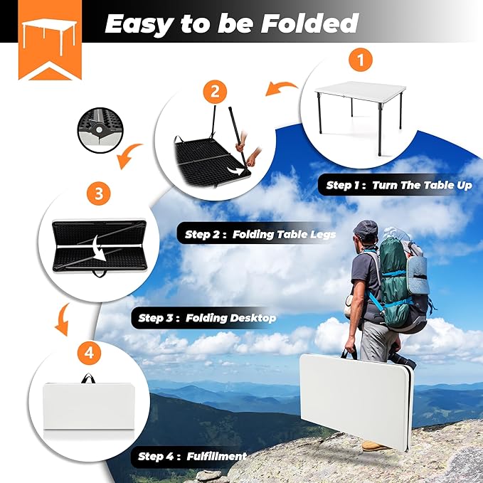 34" Camping Table, Portable Square Camping Card Table with Collapsible Legs & Carrying Handle, Plastic Tables for Outdoor Cooking,Camping,Picnic, Office, Party, White