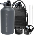 OneTigris Tactical Half Gallon Water Bottle with Straw - 64 oz Vacuum Insulated Stainless Steel Water Jug, Leakproof Sport Bottle with 3 BPA Free Lids, Paracord Handle & MOLLE Water Pouch for Outdoor