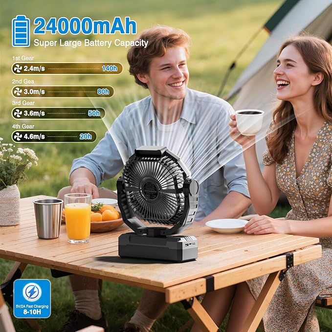 FRIZCOL 3-in-1 Camping Fan - Portable Fans Rechargeable - 24000mAh Battery Powered Fan(140Hrs) with Light & Remote for Indoor, Outdoor, Tent, Travel, BBQ, Fishing, Jobsite - Black