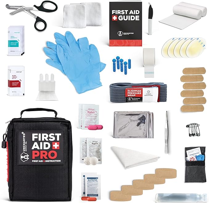Uncharted Supply Co. First Aid Pro Kit for Emergency Preparedness Survival - Car, Backpacking, Hiking, and Camping - Compact, Lightweight, Water-Resistant - Fully Stocked