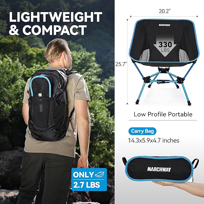 MARCHWAY Lightweight Folding Camping Chair with Spring Lock, Stable Compact Portable for Outdoor Camp, Travel, Beach, Picnic, Festival, Hiking, Backpacking (Lowback Blue)