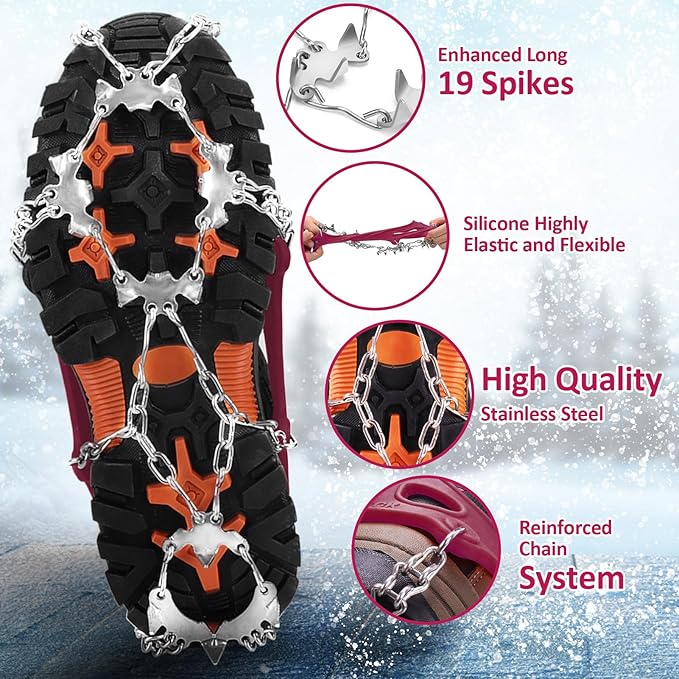 WIN.MAX Crampons for Shoes, Traction Cleats Ice Snow Grips with 19 Stainless Steel Spikes, Shoe Talons Anti - Slip Boots Spikes for Walking, Jogging, Climbing and Hiking