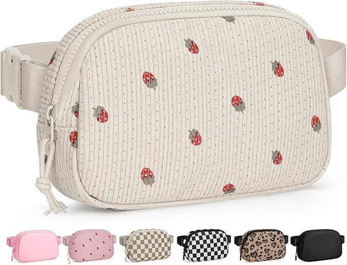 Pritent Fanny Packs for Women Cross Body Bag Waterproof Belt Bag with Adjustable Strap and Zipper Back Pocket Small Crossbody Bags Fashion Waist Packs for Workout Travelling(Strawberry Beige)