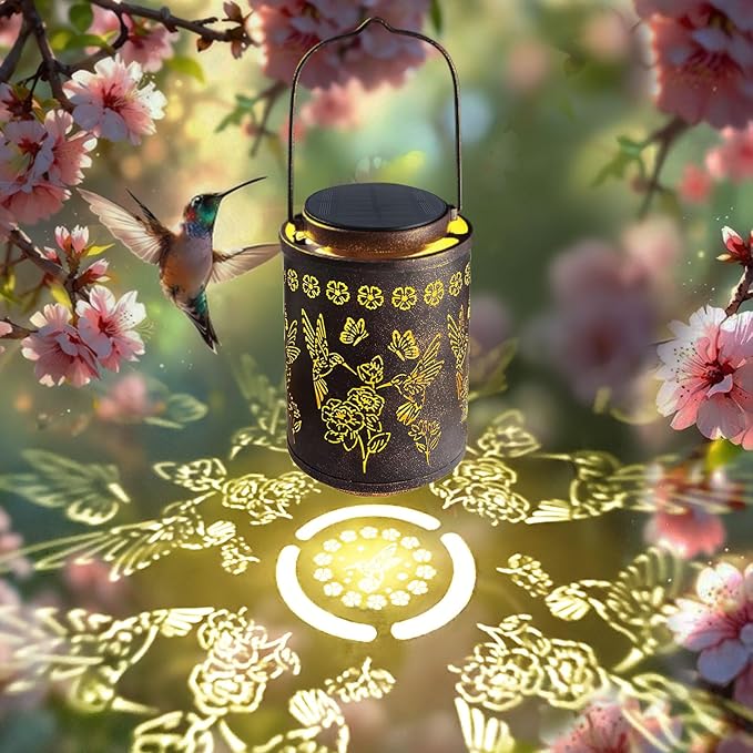 Upgraded Solar Hummingbird Lights for Outside Garden Decor Gifts for Women Mom Grandma, Metal Hanging Solar Lanterns Outdoor Waterproof with Copper Finish Lantern for Patio, Yard, Porch, Pathway
