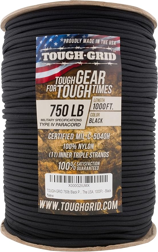 TOUGH-GRID Paracord Rope 750 lbs Nylon Parachute Cord, Made in USA Survival Kit, Outdoor Adventures, Camping, Tactical Gear & Emergency Supplies, Military Type IV Mil-Spec