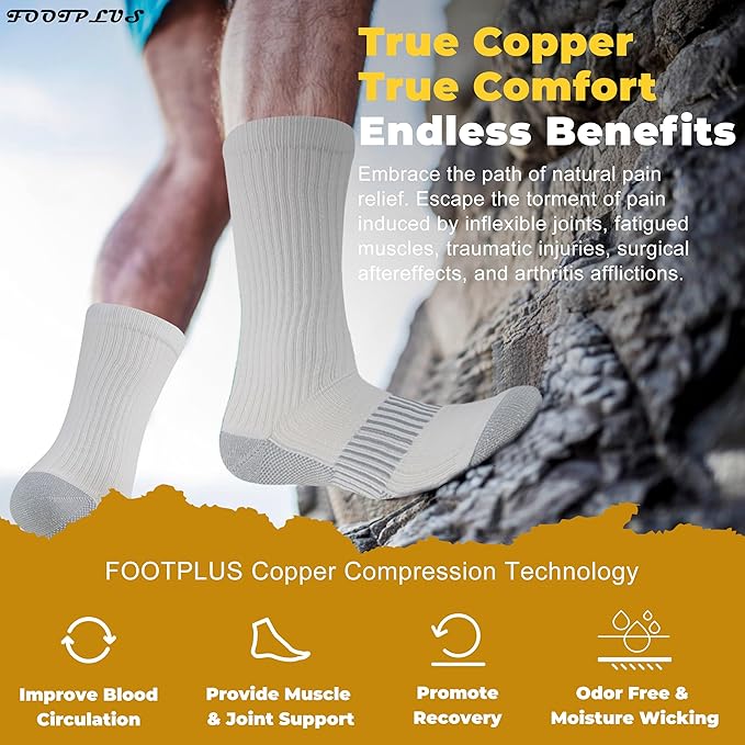 FOOTPLUS Hiking Copper Compression Socks,Unisex Cushioned Sole Arch Support Athletic Crew Running Socks