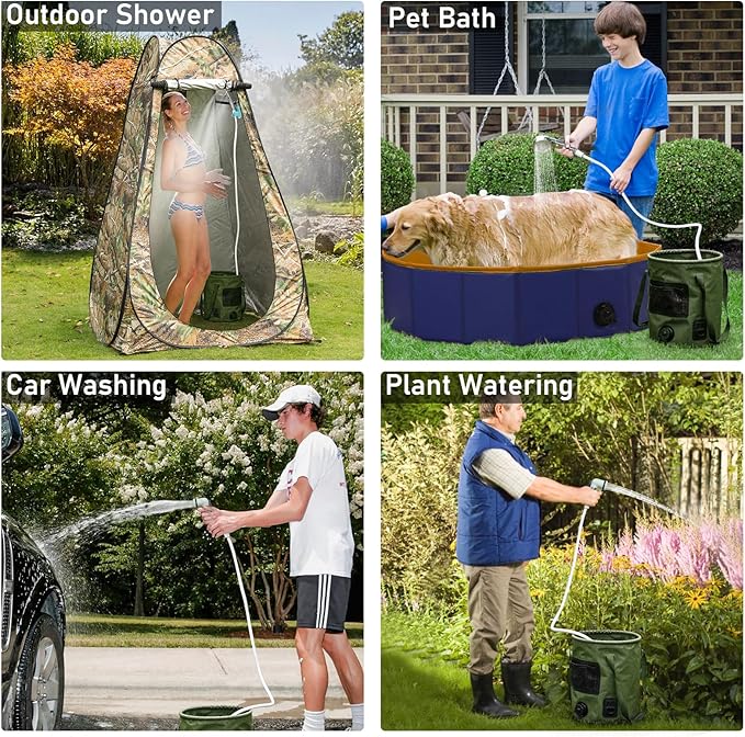 Portable Camping Shower, Pop Up Shower Privacy Tent Kit with LED Lights, 4500mAh Rechargeable Shower Pump, Filtered Shower Head & 7.4 Gallons Foldable Bucket, Outdoor Shower for Hiking Beach, Travel