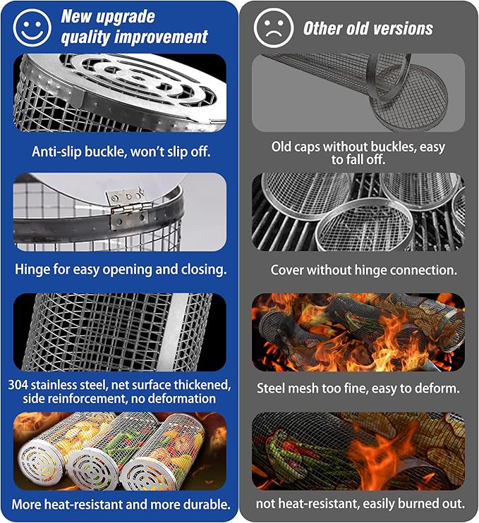 Rolling Grilling Baskets for Outdoor Grill Bbq Net Tube Large Round Barbecue Cylinder Cage Mesh Must Have Essentials Gadgets Cooking Accessories for Picnic Veggies Vegetable Fish Meat, Gift for Men