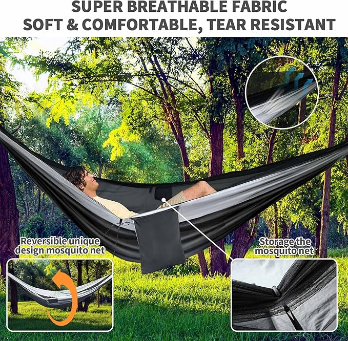 Camping Hammock - Hammocks with Mosquito Net Tent and Rain Fly Tarp, Portable Single & Double Nylon Parachute Hammock with Heavy Duty Tree Strap, Indoor Outdoor Backpacking Survival Travel