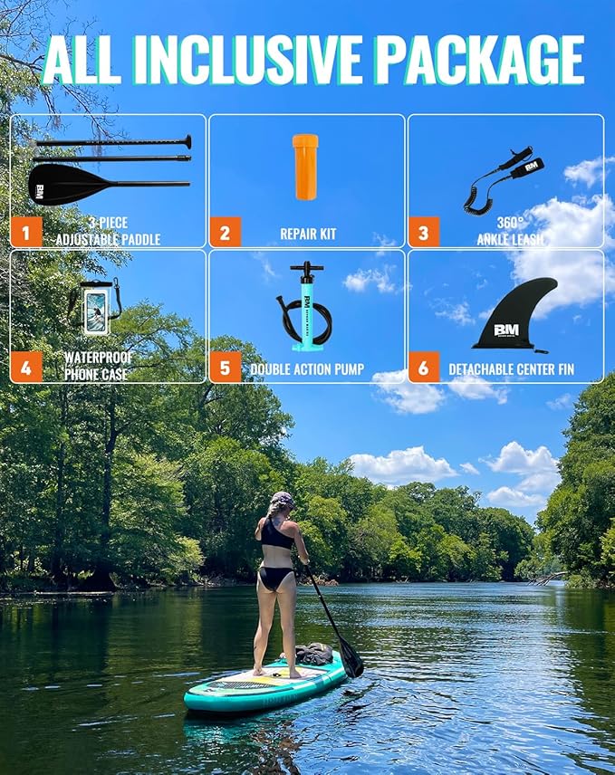 BM Paddle Board Inflatable Stand Up Paddle Board, SUP Paddleboard for Adult, Premium Accessories | Non-Slip EVA Deck & Foam Handles, Camera Mount, Double Action Pump, 85L Travel Backpack