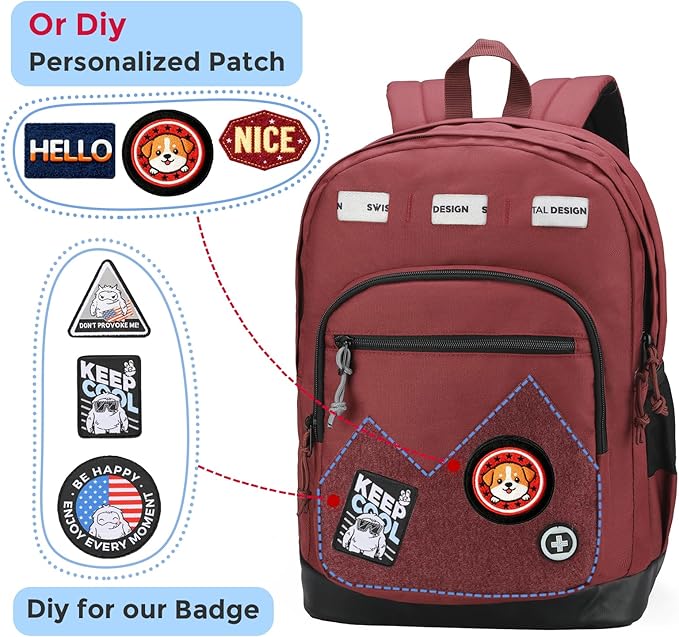 Swissdigital Design Big Student Laptop Backpack with Fun Personalized Patches For College Boy & Girl, Middle High School Teen Bookbag Cool Travel Daypack Burgundy - Includes 3 Patches | SD1718-44