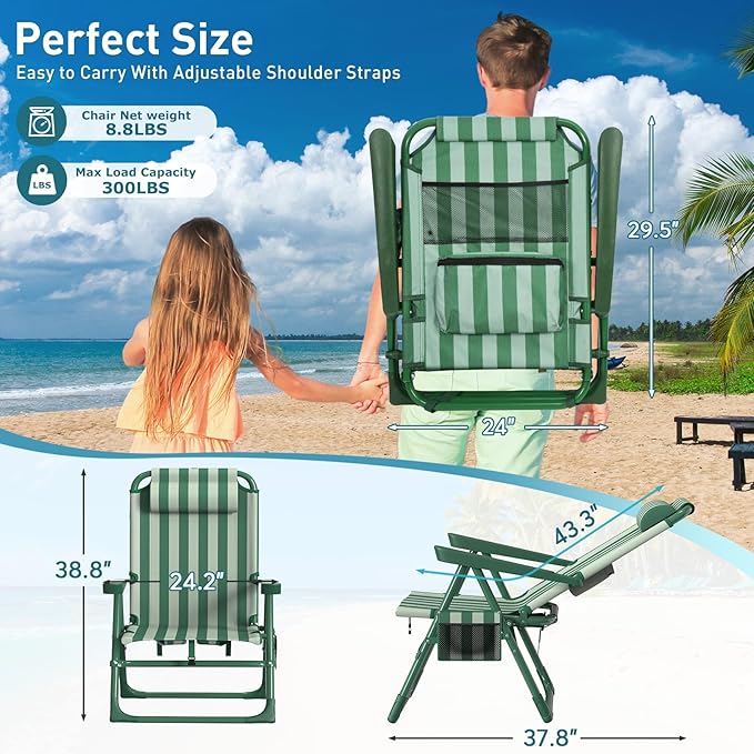 Suteck Backpack Beach Chair for Adults - 6-Position Folding Reclining Chair with Cooler Bag & Cup Holder, Lightweight Portable Beach Chair for Camping, Outdoor, Sand, Travel Use