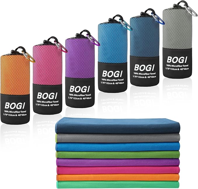 BOGI Microfiber Travel Sports Towel-Quick Dry, Soft Lightweight, Absorbent, Compact for Camping, Gym, Yoga, Swimming, Backpacking (XL:72''x32''+16''x16''-Grey)
