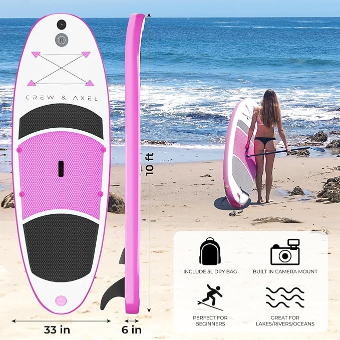 Crew Axel Inflatable Paddle Board 10’33’6” Extra Wide & Lightweight (18lb) Paddle Board – Premium SUP Set Includes 2 Bags, Floating Paddle, Camera Mount, 3 Fins, Dual Pump Kit