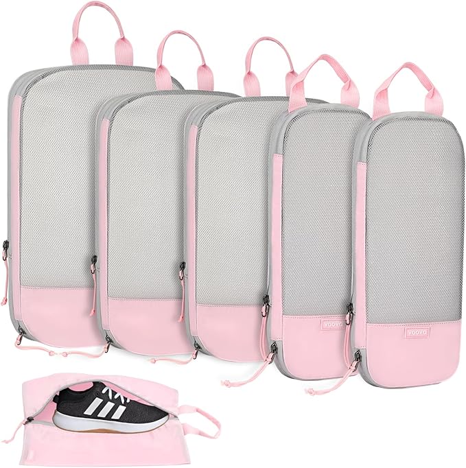 Voova 6 Set Compression Packing Cubes, Travel Accessories Expandable Packing Organizer Bags Set for Carry on Suitcase, Durable Luggage Packing Cubes for Travel Essentials, Pink