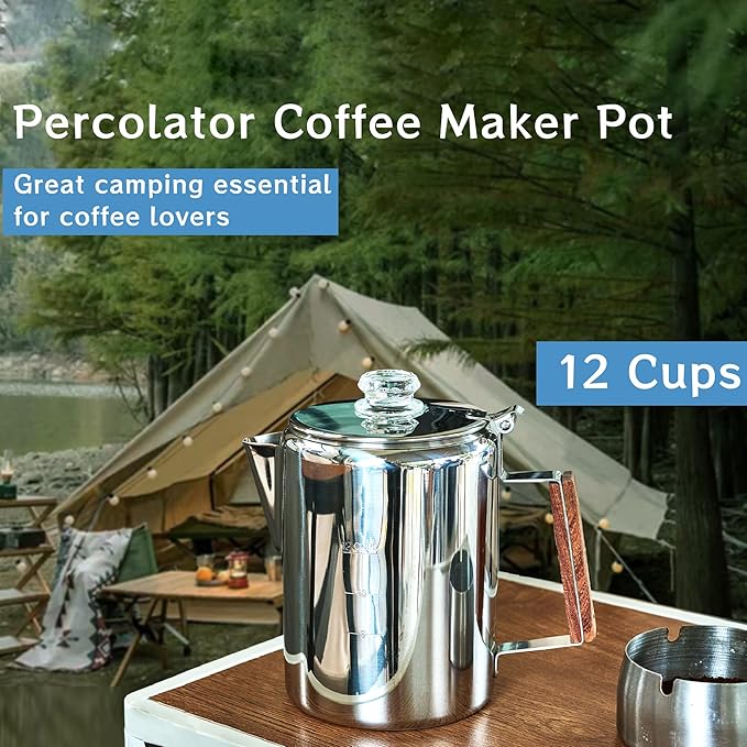 Camping-Fire Coffee Percolator Stovetop Pot- Stainless Steel Stove top Coffee Pot, Unleash Flavor in the Great Outdoors (12 Cups)