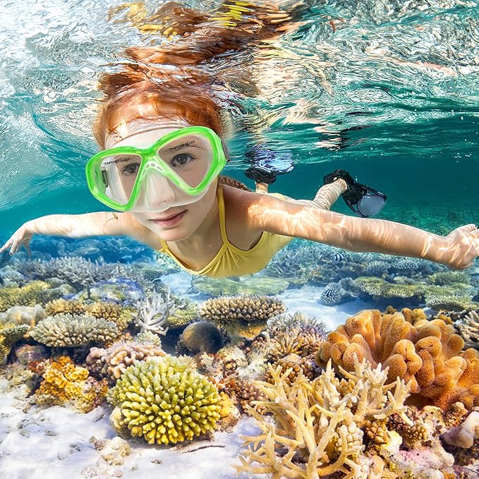 Kids Swim Goggles Snorkel Diving Mask for Boys Girls Ages 5-15, Two-Color Anti-Fog Swimming Goggles with Nose Cover