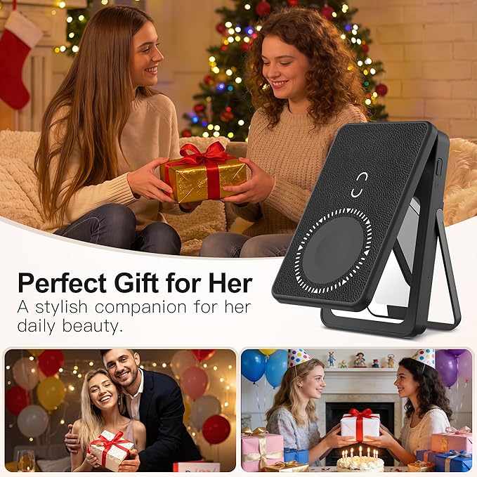 Magnetic Wireless Power Bank, 5000mAh Portable Charger with LED Makeup Mirror & Phone Stand, 20W USB-C Fast Charging Battery Pack for iPhone 17/16/15/14/13/12 Series, Black Butterfly
